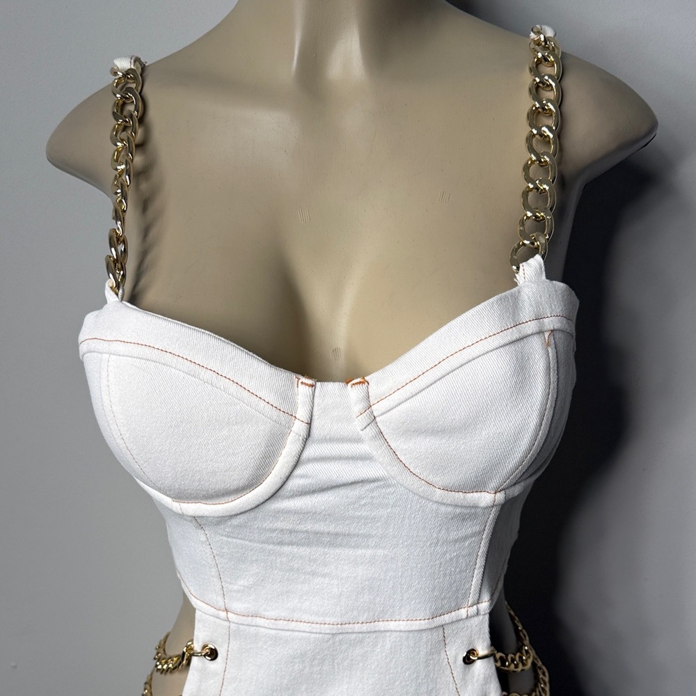 AKIRA White Mini Dress with Gold Chain Straps NWOT - Picture 3 of 8